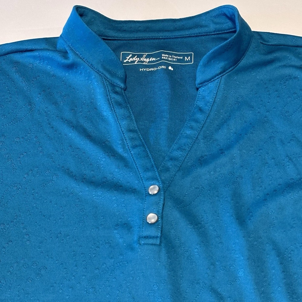 Women's Lady Hagen Polo Shirt Hydro-dri Blue Paisley Pearl Button Golf Medium‎